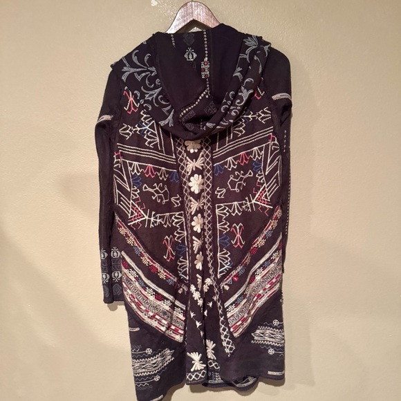 Johnny Was Biya Embroidered Long Sleeve Hooded Duster Cardigan Black Cream XS - Picture 7 of 7